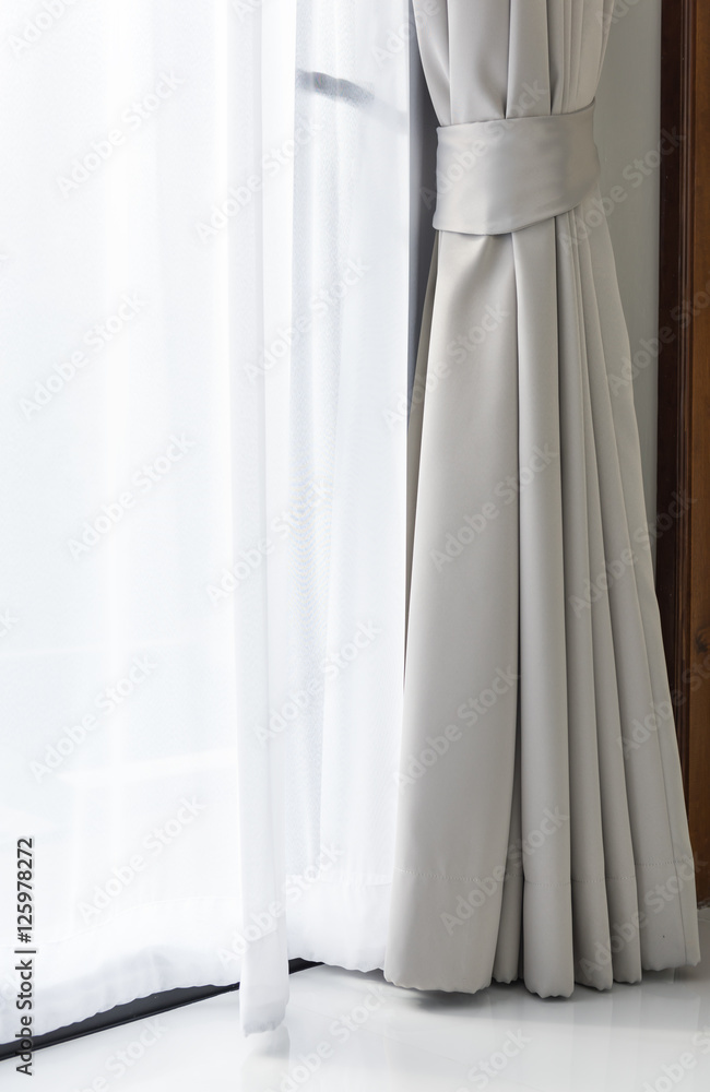 Modern grey and white curtains in livinng room