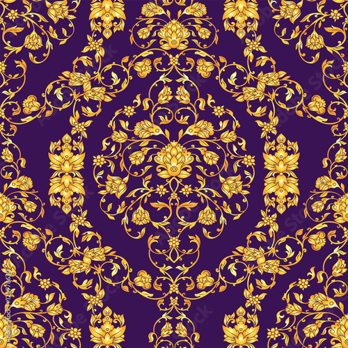 Vector ornate seamlesspattern in Eastern style on deep violet background. Ornamental vintage floral decoration for wedding invitations and greeting cards. Traditional gold decor.