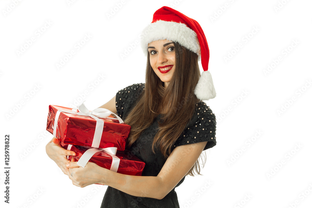 cheerful brunette woman in santa hat cheerful brunette woman in santa hat