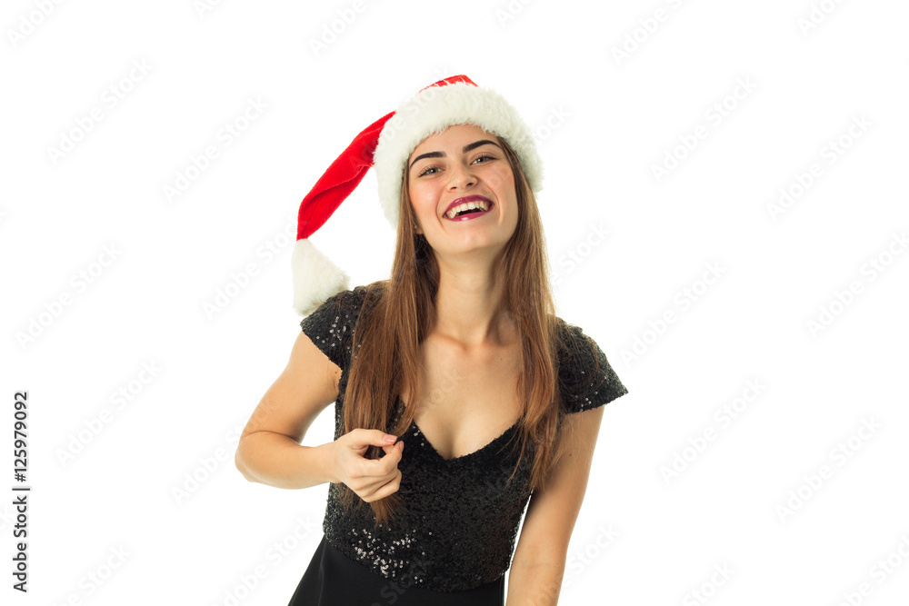 cheerful cute girl in santa hat cheerful cute girl in santa hat