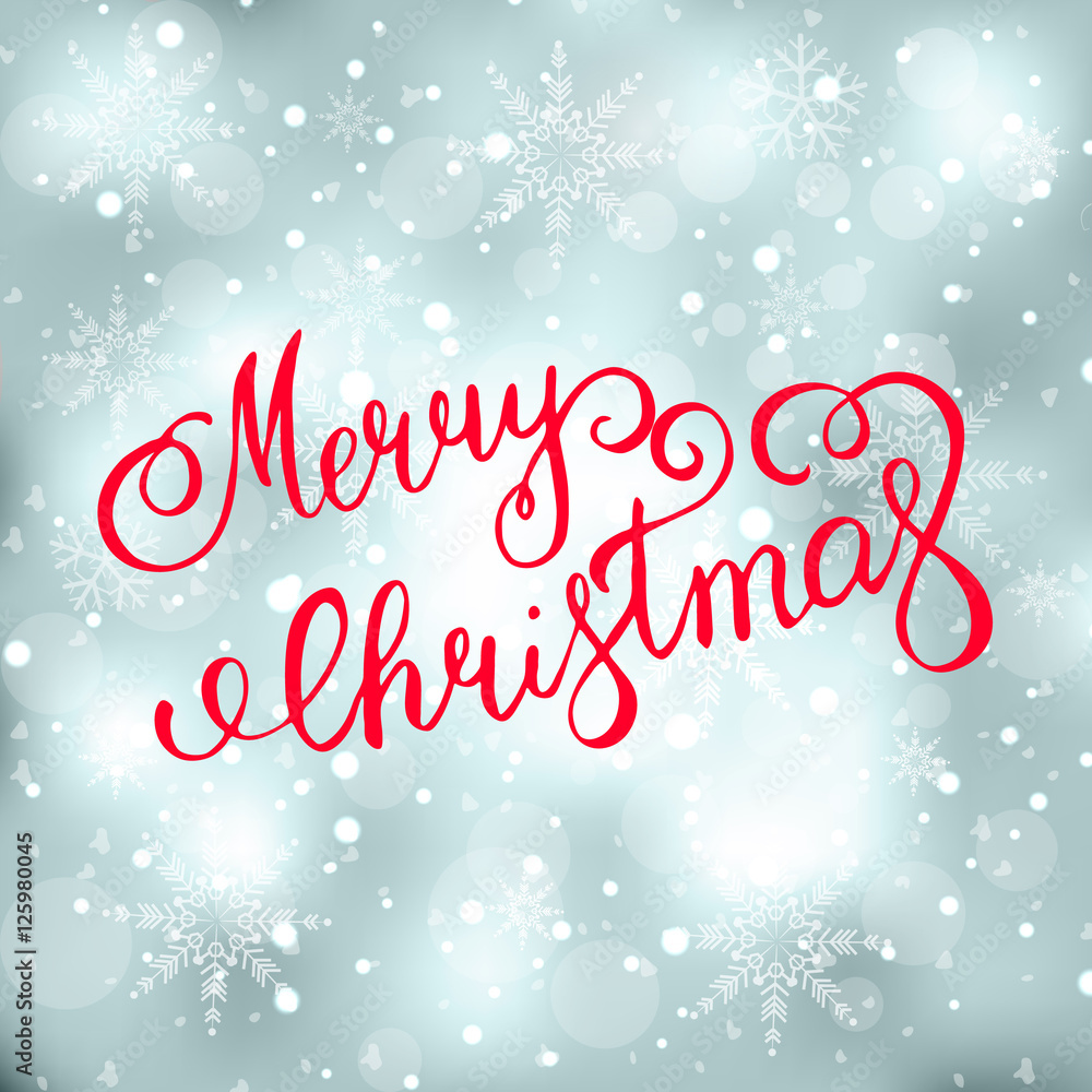 Merry christmas handwritten text on background with snowflakes.