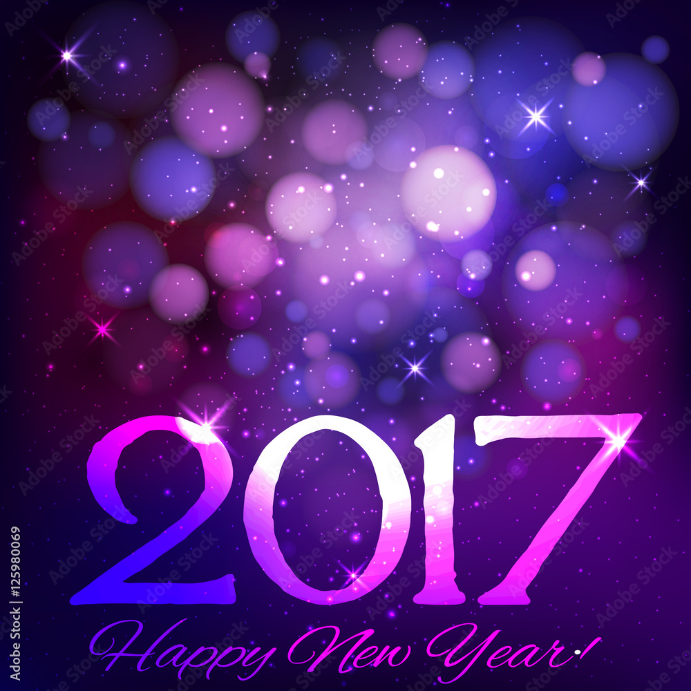 Happy new year 2017 with bokeh on dark purple color background.