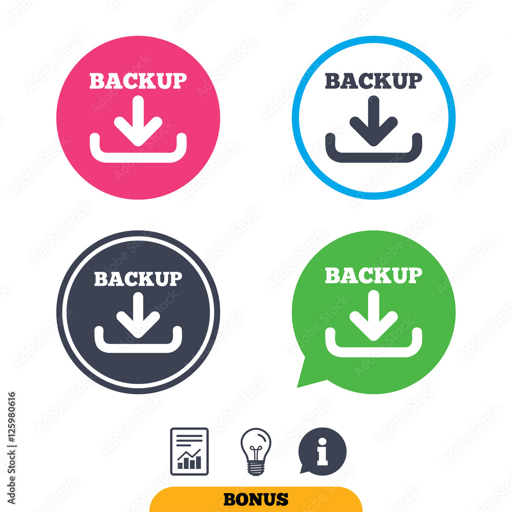 Backup date sign icon. Storage symbol with arrow. Report document, information sign and light bulb icons. Vector