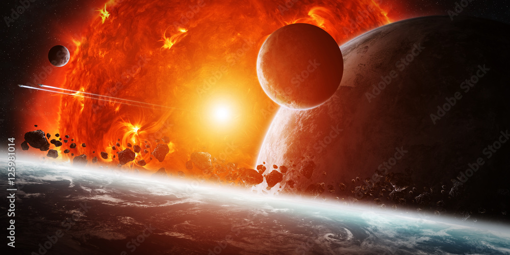 Obraz premium Exploding sun in space close to planet