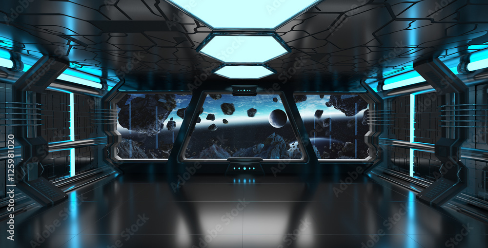 Fototapeta premium Spaceship interior with view on the planet Earth 3D rendering el