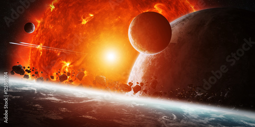 Fototapeta Naklejka Na Ścianę i Meble -  Exploding sun in space close to planet