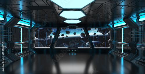 Fototapeta Naklejka Na Ścianę i Meble -  Spaceship interior with view on the planet Earth 3D rendering el