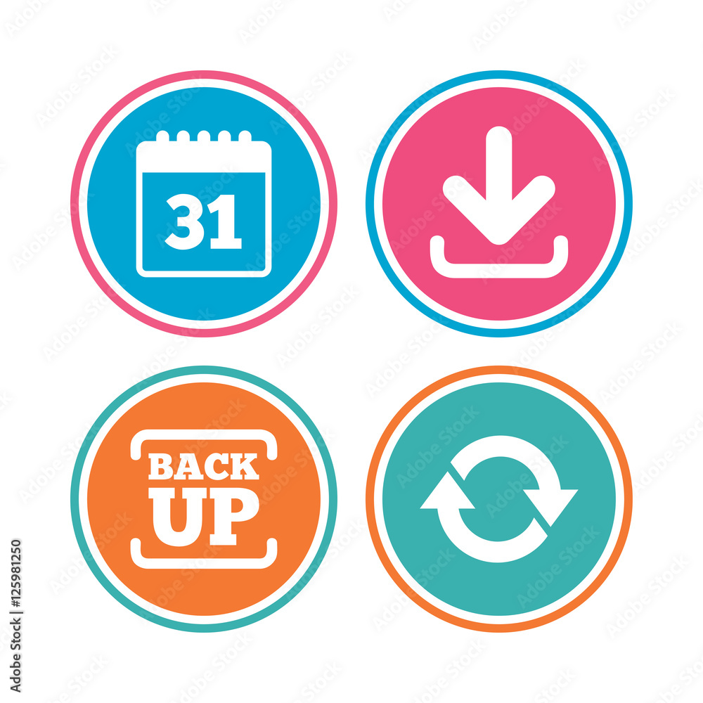 Download and Backup data icons. Calendar and rotation arrows sign symbols. Colored circle buttons. Vector