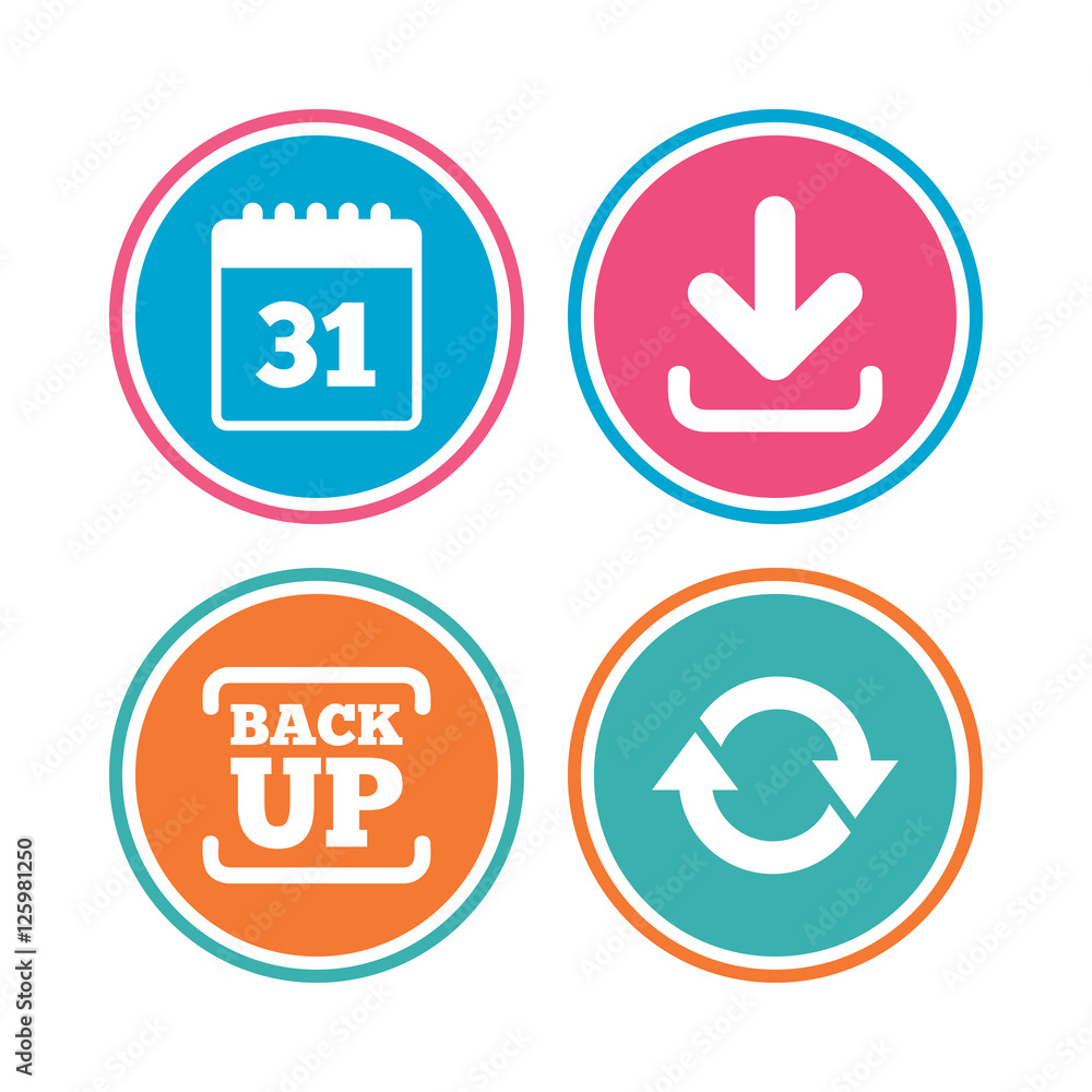 Download and Backup data icons. Calendar and rotation arrows sign symbols. Colored circle buttons. Vector Download and Backup data icons. Calendar and rotation arrows sign symbols. Colored circle buttons. Vector