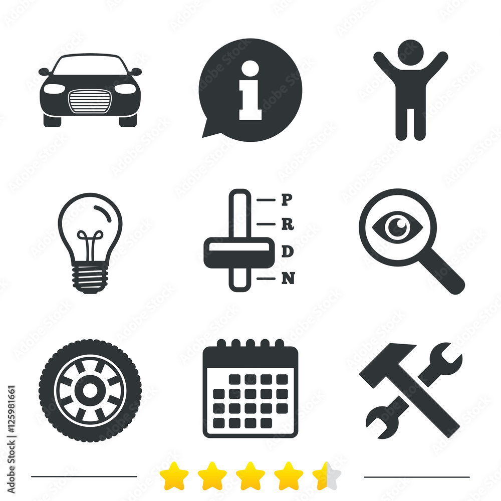 Transport icons. Car tachometer and automatic transmission symbols. Repair service tool with wheel sign. Information, light bulb and calendar icons. Investigate magnifier. Vector