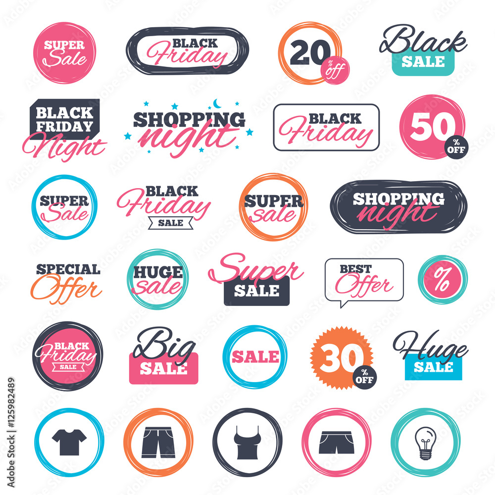 Sale shopping stickers and banners. Clothes icons. T-shirt and bermuda shorts signs. Swimming trunks symbol. Website badges. Black friday. Vector