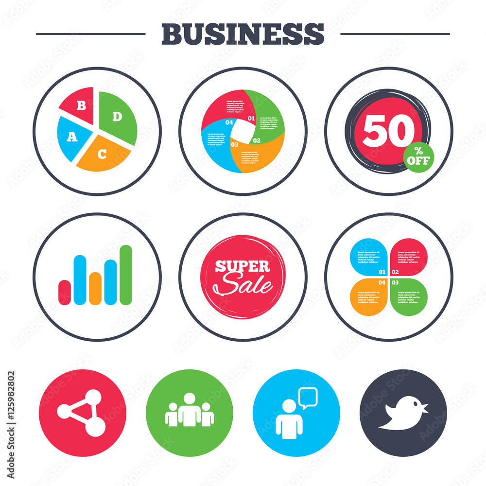 Business pie chart. Growth graph. Group of people and share icons. Speech bubble symbols. Communication signs. Super sale and discount buttons. Vector Business pie chart. Growth graph. Group of people and share icons. Speech bubble symbols. Communication signs. Super sale and discount buttons. Vector
