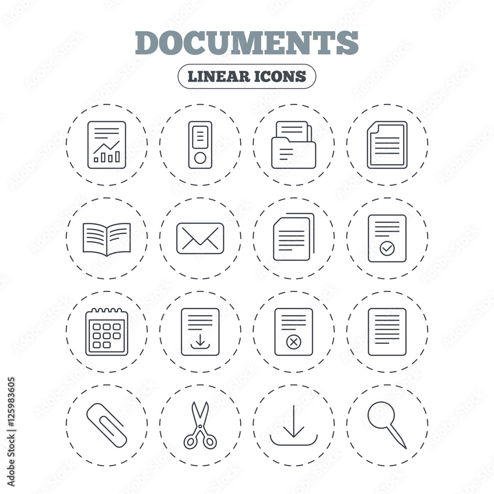 Documents linear icons. Accounting, book and calendar symbols. Paper clip, scissors and download arrow thin outline signs. Mail envelope and file chart. Round flat buttons with linear icons. Vector Documents linear icons. Accounting, book and calendar symbols. Paper clip, scissors and download arrow thin outline signs. Mail envelope and file chart. Round flat buttons with linear icons. Vector