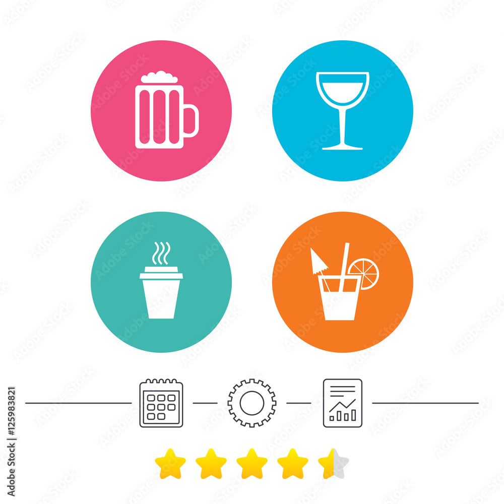 Drinks icons. Take away coffee cup and glass of beer symbols. Wine glass and cocktail signs. Calendar, cogwheel and report linear icons. Star vote ranking. Vector Drinks icons. Take away coffee cup and glass of beer symbols. Wine glass and cocktail signs. Calendar, cogwheel and report linear icons. Star vote ranking. Vector