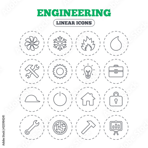 Engineering icons. Ventilation, heat and air conditioning symbols. Water supply, repair service and circuit board thin outline signs. Lamp, house and locker. Round flat buttons with linear icons