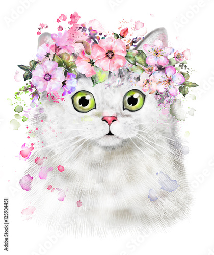 Plakat Słodki kociak. Ilustracja kot akwarela. Nadruk z koszulki. Kartka z życzeniami. Plakat Kitten. wieniec z kwiatów i farby splash. Izolowane kota
