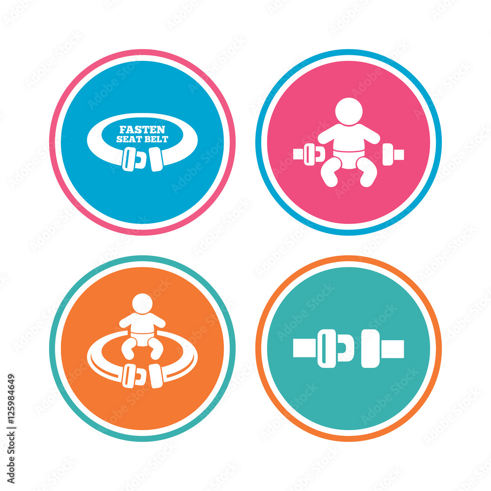 Fasten seat belt icons. Child safety in accident symbols. Vehicle safety belt signs. Colored circle buttons. Vector Fasten seat belt icons. Child safety in accident symbols. Vehicle safety belt signs. Colored circle buttons. Vector