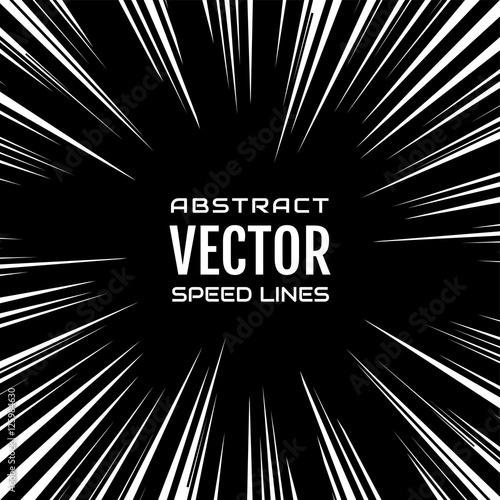 Many white comic radial speed Lines on black base. Effect power explosion illustration. Comic book design element. Graphic explosion with speed lines in comic book style. Vector Illustration