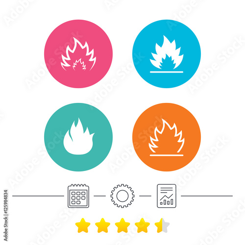 Fire flame icons. Heat symbols. Inflammable signs. Calendar, cogwheel and report linear icons. Star vote ranking. Vector