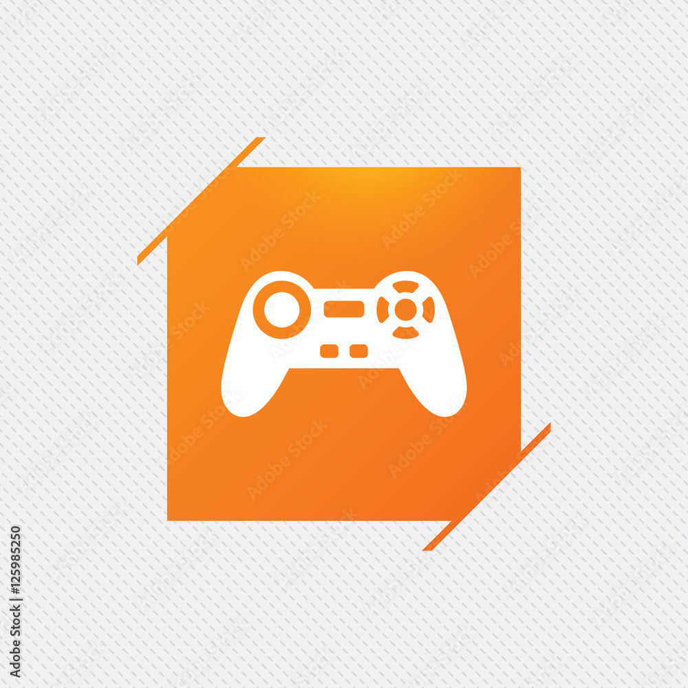 Joystick sign icon. Video game symbol. Orange square label on pattern. Vector Joystick sign icon. Video game symbol. Orange square label on pattern. Vector