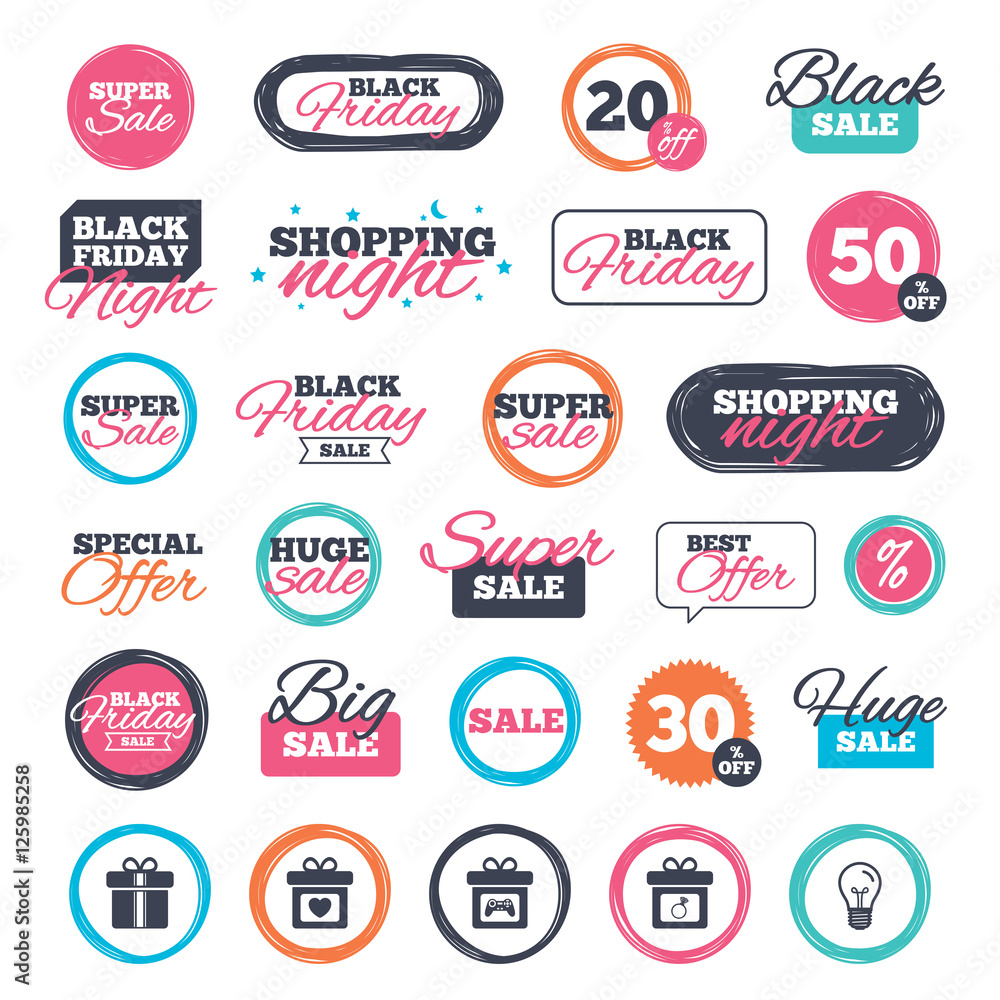 Sale shopping stickers and banners. Gift box sign icons. Present with bow and ribbons symbols. Engagement ring sign. Video game joystick. Website badges. Black friday. Vector