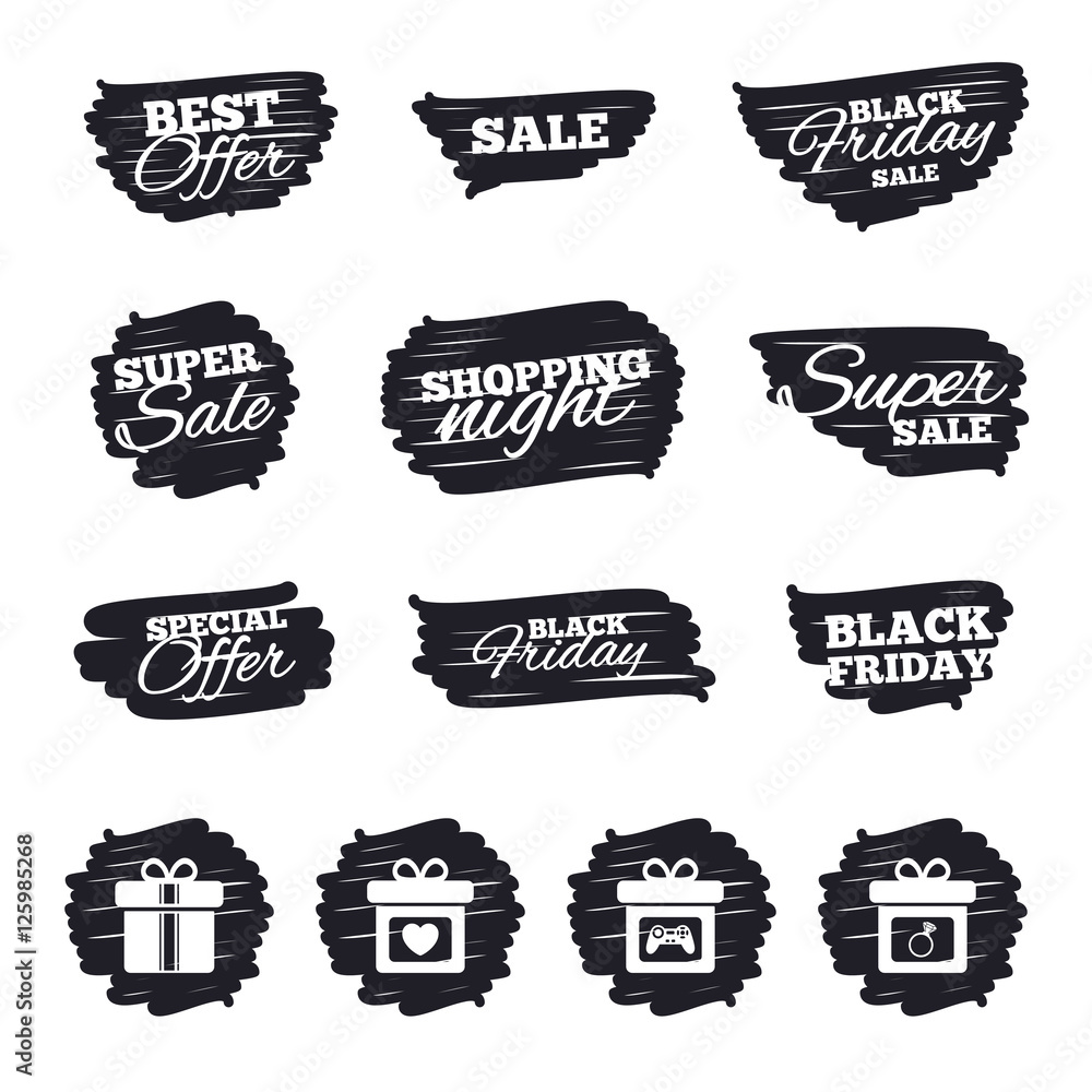 Ink brush sale stripes and banners. Gift box sign icons. Present with bow and ribbons symbols. Engagement ring sign. Video game joystick. Black friday. Ink stroke. Vector