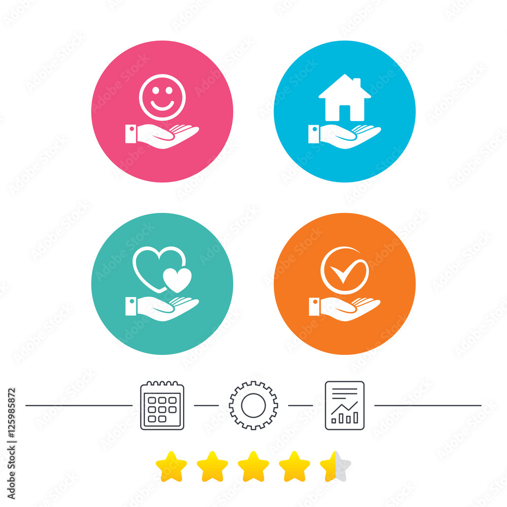 Smile and hand icon. Heart and Tick or Check symbol. Palm holds house building sign. Calendar, cogwheel and report linear icons. Star vote ranking. Vector Smile and hand icon. Heart and Tick or Check symbol. Palm holds house building sign. Calendar, cogwheel and report linear icons. Star vote ranking. Vector