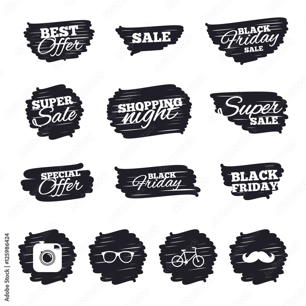 Ink brush sale stripes and banners. Hipster photo camera with mustache icon. Glasses symbol. Bicycle family vehicle sign. Black friday. Ink stroke. Vector