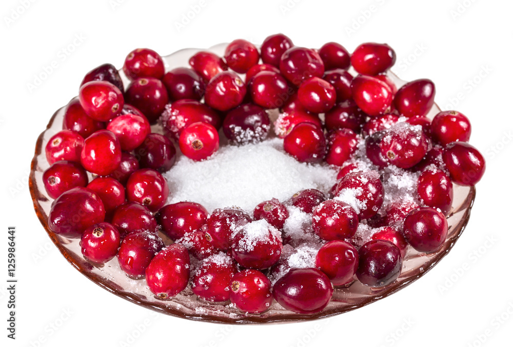 Fresh cranberries with sugar. Isolate on white background Fresh cranberries with sugar. Isolate on white background