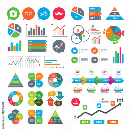 Wallpaper Mural Business charts. Growth graph. Hipster photo camera with mustache icon. Glasses symbol. Bicycle family vehicle sign. Market report presentation. Vector Torontodigital.ca