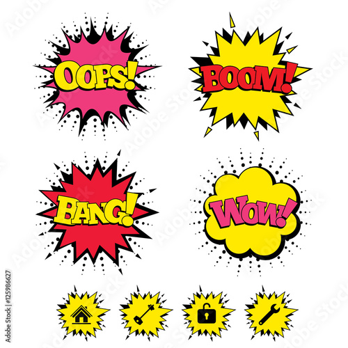 Comic Boom, Wow, Oops sound effects. Home key icon. Wrench service tool symbol. Locker sign. Main page web navigation. Speech bubbles in pop art. Vector