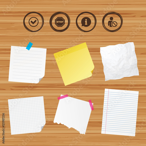 Business paper banners with notes. Information icons. Stop prohibition and user blacklist signs. Approved check mark symbol. Sticky colorful tape. Vector