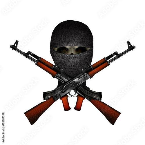 skull terrorist masked and Kalashnikov machine guns. Isolated objects on a white background, can be used with any image or text.