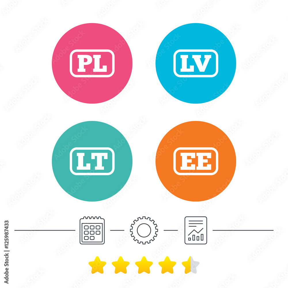 Language icons. PL, , , LT and EE translation symbols. Poland, Latvia, Lithuania and Estonia languages. Calendar, cogwheel and report linear icons. Star vote ranking. Vector Language icons. PL, , , LT and EE translation symbols. Poland, Latvia, Lithuania and Estonia languages. Calendar, cogwheel and report linear icons. Star vote ranking. Vector