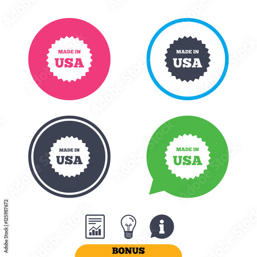 Made in the USA icon. Export production symbol. Product created in America sign. Report document, information sign and light bulb icons. Vector