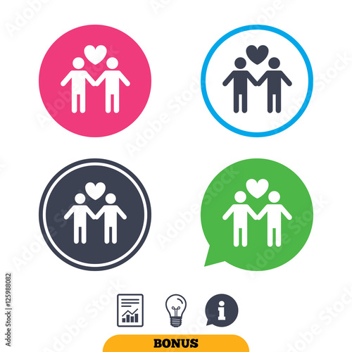 Couple sign icon. Male love male. Gays with heart. Report document, information sign and light bulb icons. Vector