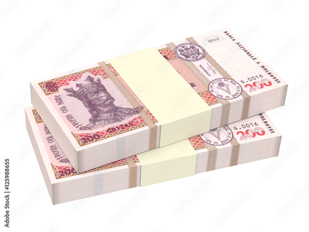 Moldovan leu bills isolated on white background. 3D illustration. Moldovan leu bills isolated on white background. 3D illustration.