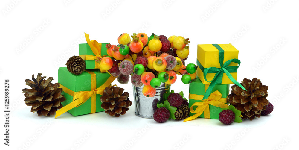 Gifts and berries, pine cones. Celebration. Congratulations . Ch