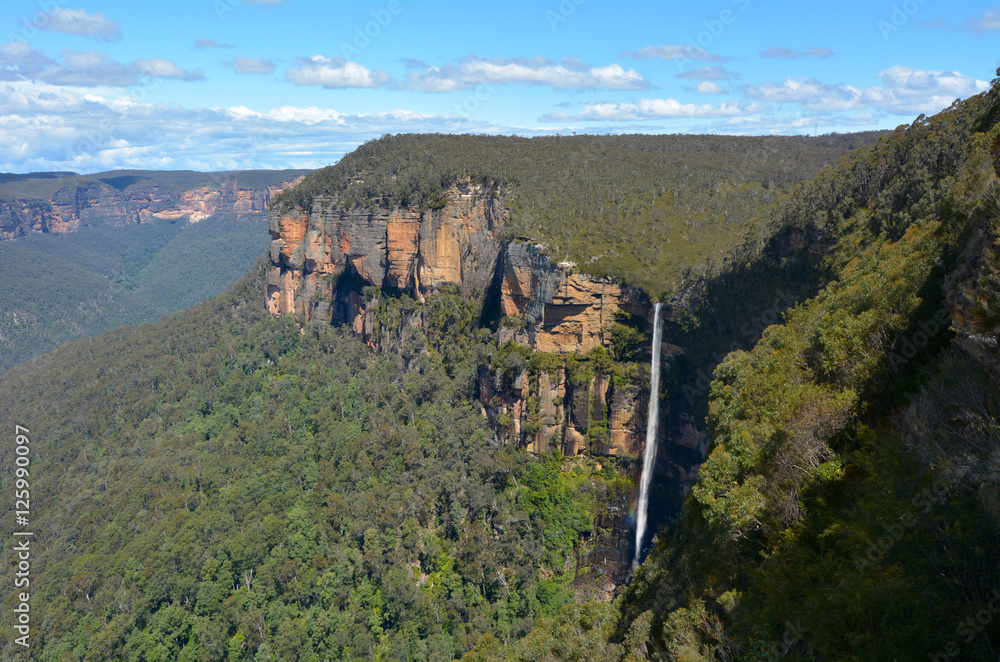 Govetts Leap Falls descending into the Grose Valley located with