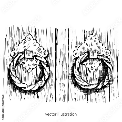 Doorknobs isolated on white background, hand drawn vector graphic illustration, ink sketch door handle, vintage style for design touristic postcard, calendar template, greeting card, packaging