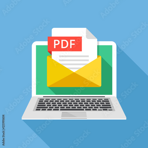 Laptop with envelope and PDF file. Notebook and email with file attachment PDF document. Creative graphic elements and concepts. Modern long shadow flat design. Vector illustration