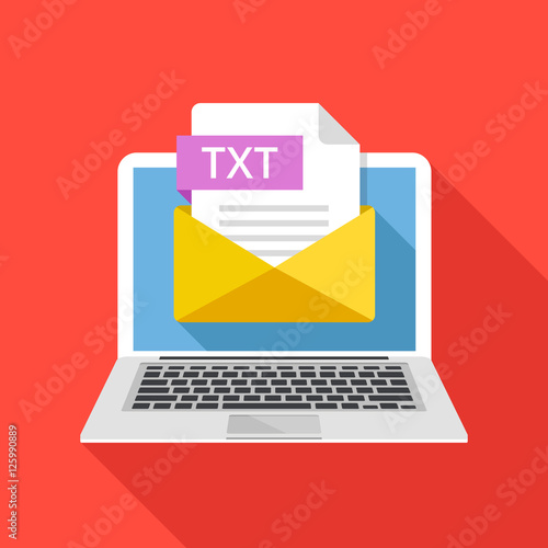 Laptop with envelope and TXT file extension. Notebook, email, file attachment text document. Creative graphic elements and concepts. Modern long shadow flat design. Vector illustration