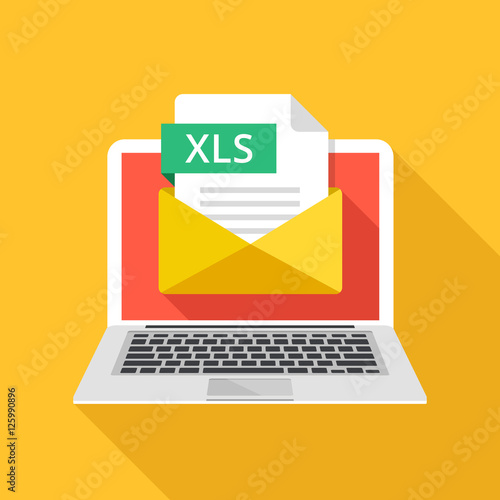 Laptop with envelope and XLS file. Notebook, email with file attachment XLS document. Trendy graphic elements and creative concepts. Modern long shadow flat design. Vector illustration