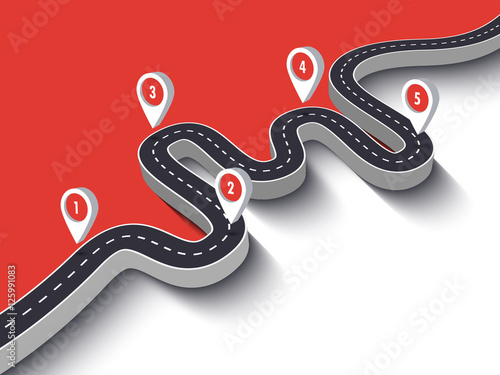 Road trip and Journey route. Business and Journey Infographic Design Template with pin pointer. Winding road on a colorful background. 3D Stylish streamers. Vector EPS 10