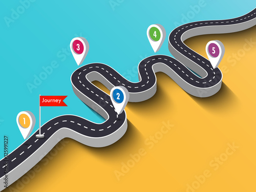 Road trip and Journey route. Business and Journey Infographic Design Template with pin pointer. Winding road on a colorful background. 3D Stylish streamers. Vector EPS 10