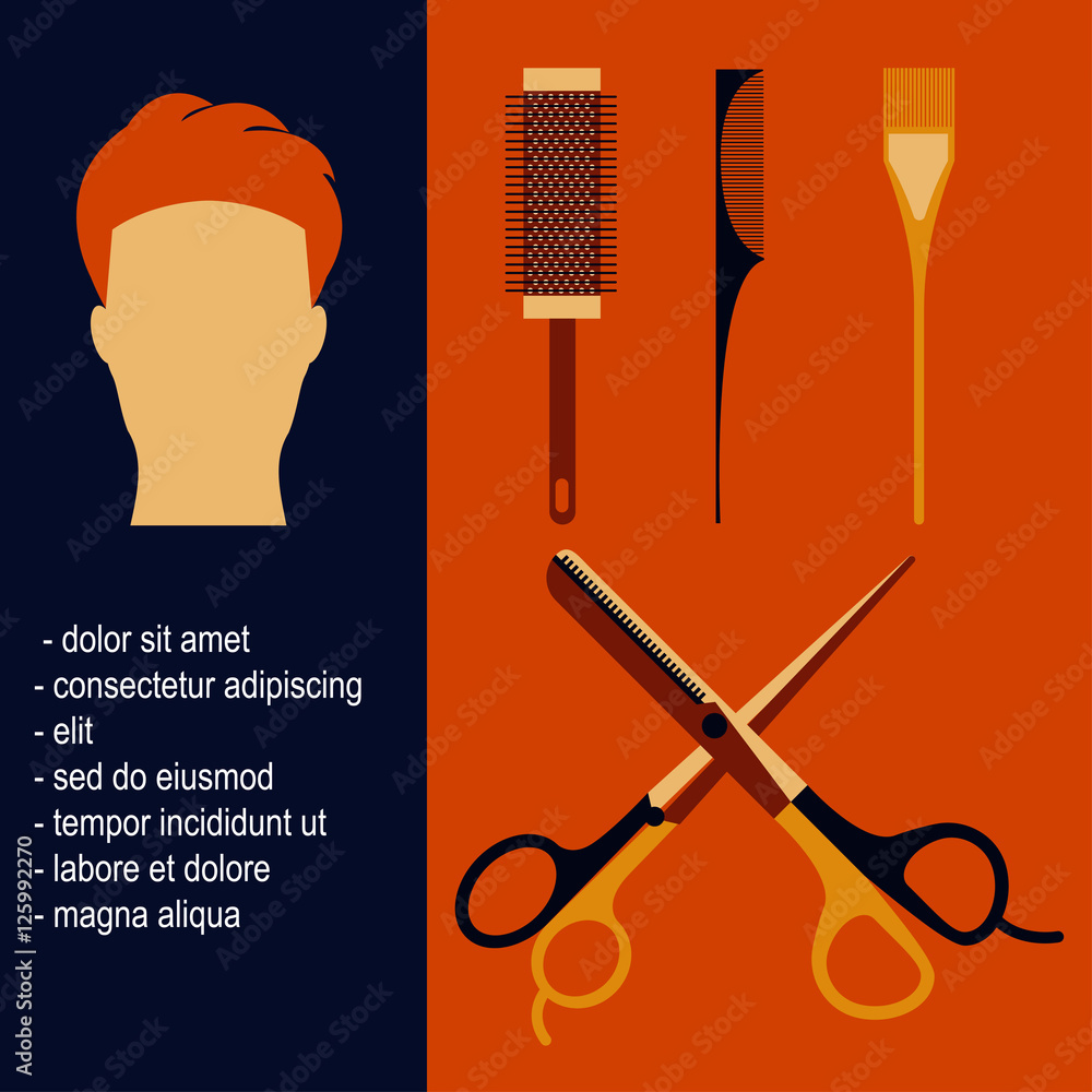 Beauty salon tools Vector illustration Poster with beauty salon tools and  man with hipster hairstyle in flat design Scissors, hair straighteners,  combs and hair brushes Stock Vector | Adobe Stock