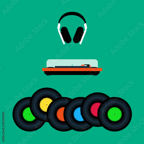 Vinyl record Vector illustration Headphones, a turntable and set of vinyl records Flat design