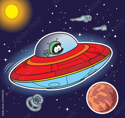 Alien flying red ufo spaceship. Cartoon vector illustration