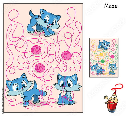 Three cute little kittens entangled in the tangles of thread . Educational maze game for children. Vector illustration