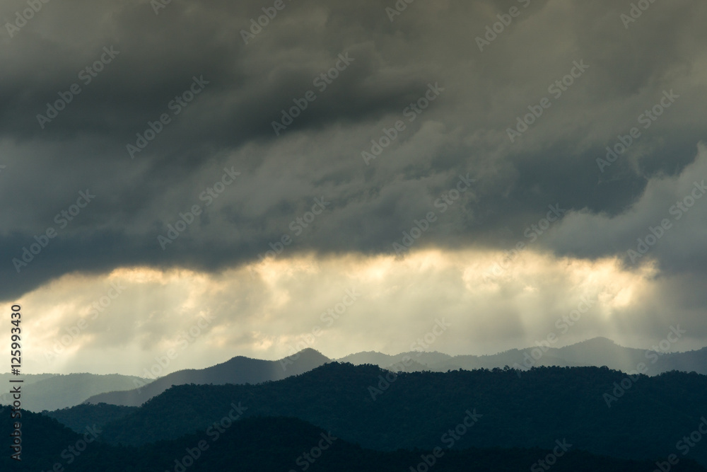The raining clouds over the layers of the mountain. The raining clouds over the layers of the mountain.